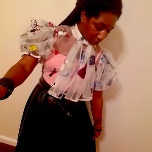 Mesh button up embroidered blouse